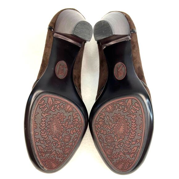 Sofft Womens Classic Pumps Size 7.5M Brown Suede Patent Leather Trim Peep Toe - Picture 10 of 12